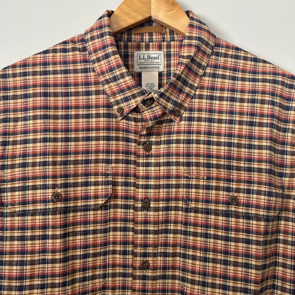 LL Bean Shirt Mens Large Tall Tan Plaid Hemp Cotton Button Down Slightly Fitted